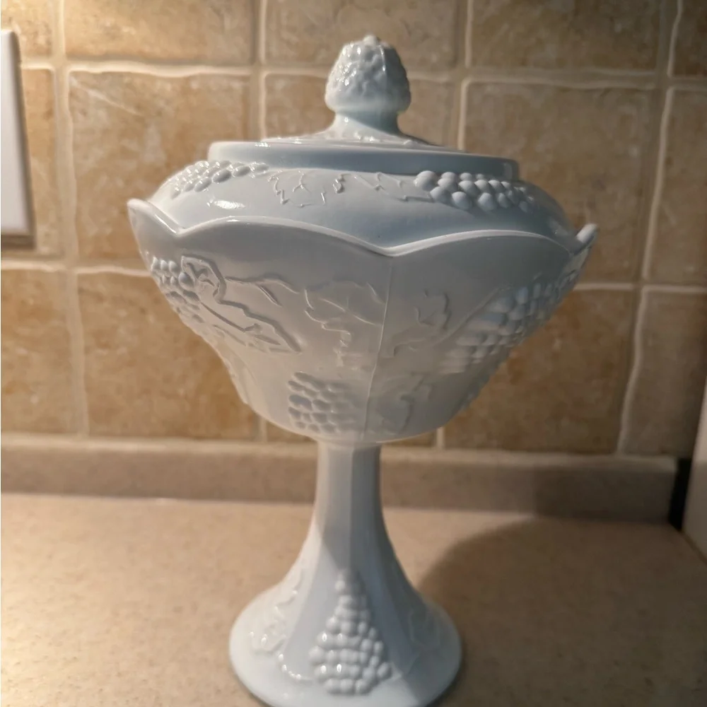 Indiana Glass Harvest Grape Pedestal Milk Glass Compote
